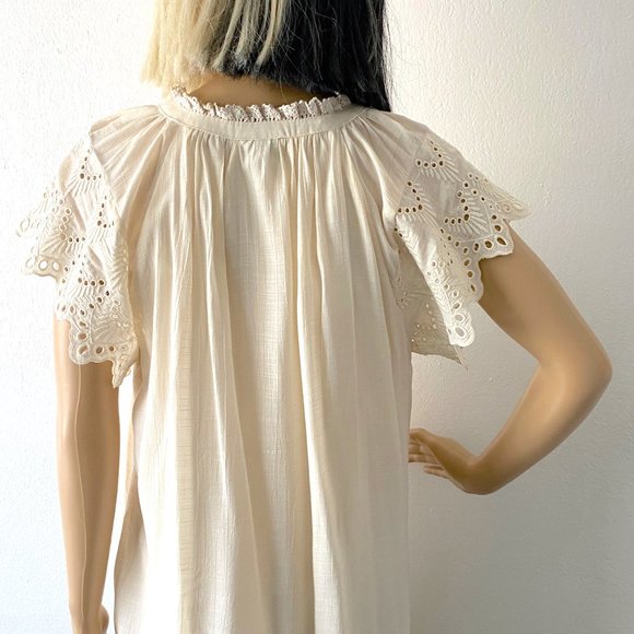 Boho Chic Shift Dress | Eyelet Lace Flutter Sleeve Dress | Cream Ivory Dress XS - Picture 10 of 10
